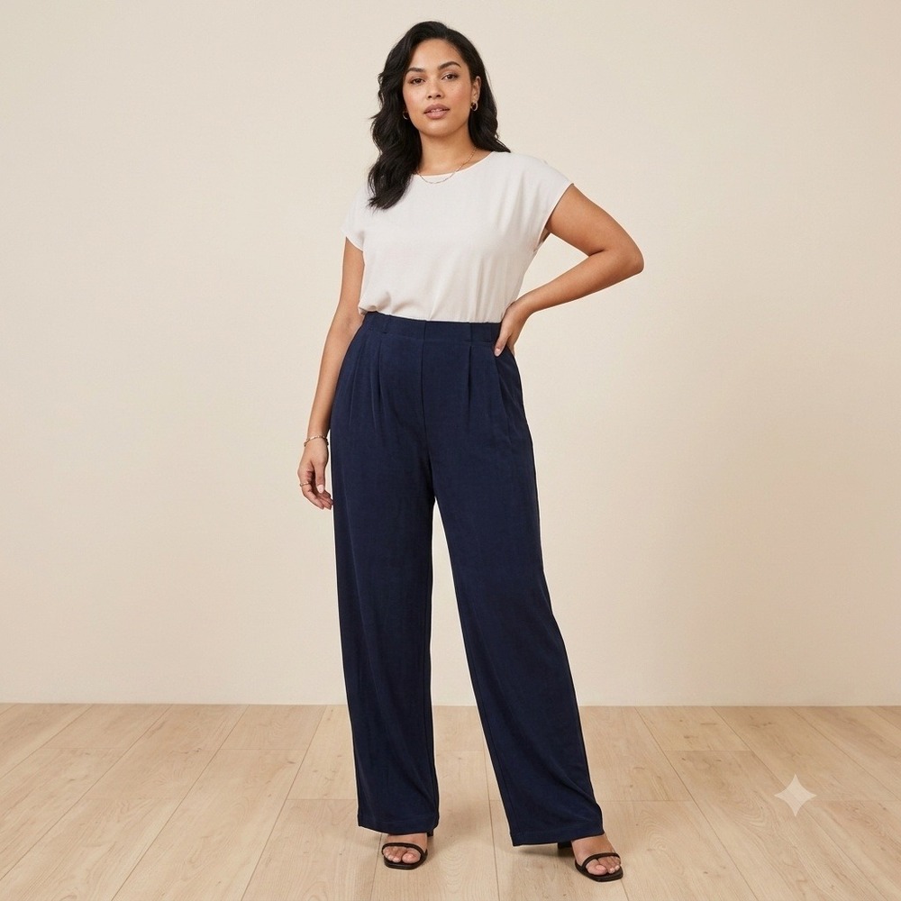 Chico's Travelers Navy Blue Wide Leg Pleated Elastic Waist Pants Size 1 M